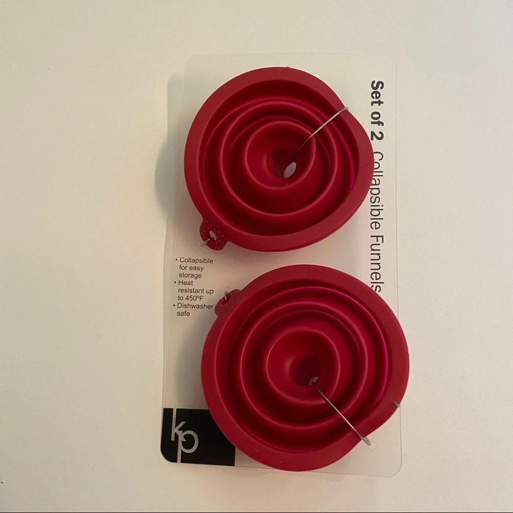 KP FUNNELS SET 2 NEW COLLAPSIBLE RED SILICONE NWT HOME KITCHEN TOOL